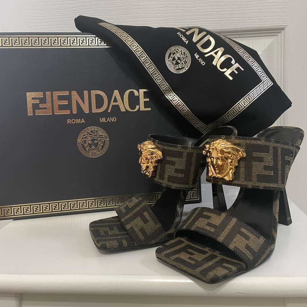 BNIB AUTHENTIC FENDIxVERSACE collab double strap mules in size 36- FENDACE